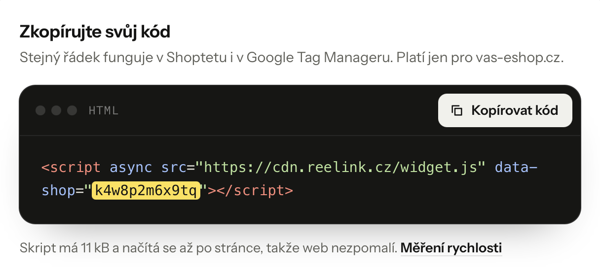 Sekce Instalace v účtu Reelink s kódem e-shopu a tlačítkem Kopírovat kód