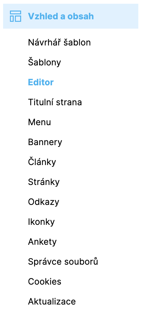 Menu Vzhled a obsah v administraci Shoptetu s položkou Editor