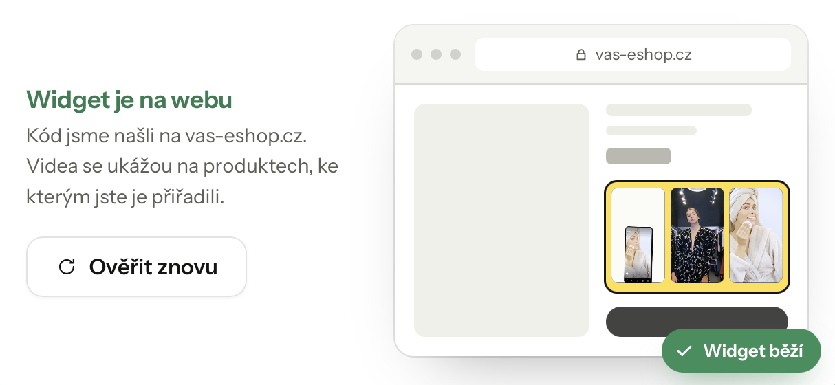 Sekce Instalace v účtu Reelink: Widget je na webu, tlačítko Ověřit znovu
